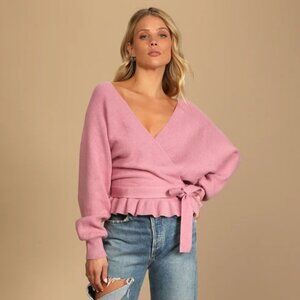 NWT Lulus Sweet and Sophisticated Rose Pink Faux Wrap Sweater - Size Small